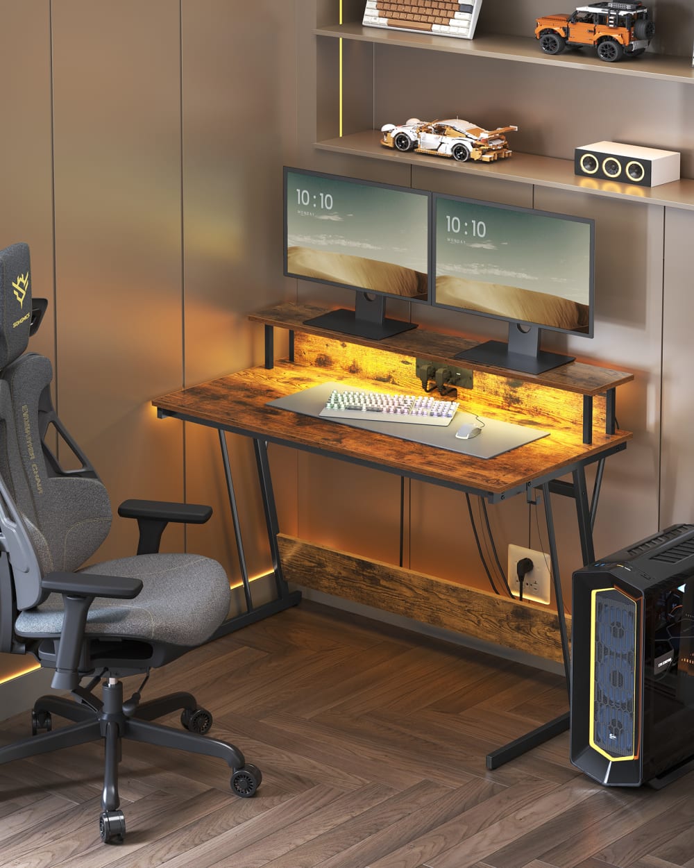VASAGLE Bureau gaming avec et multiprise 120 x 60 x 75 cm marron et noir Marron 120x76x60cm