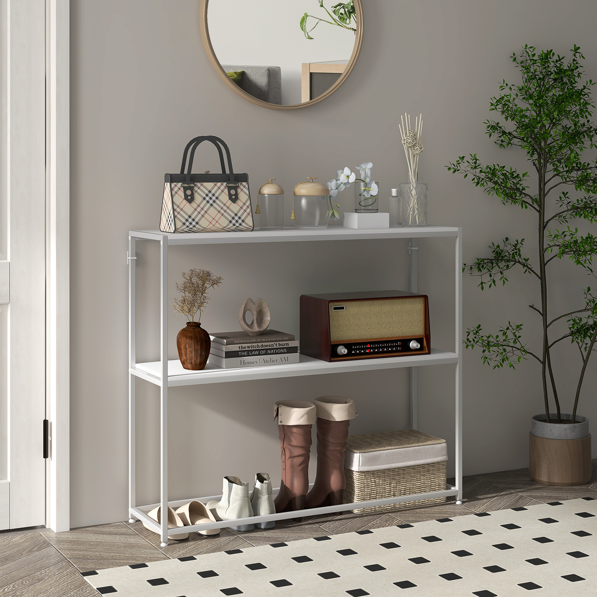 Homcom Tavolo Consolle da Ingresso con Ripiano Aperto, in Acciaio e Truciolato, 100x30x87 cm, Bianco Aosom