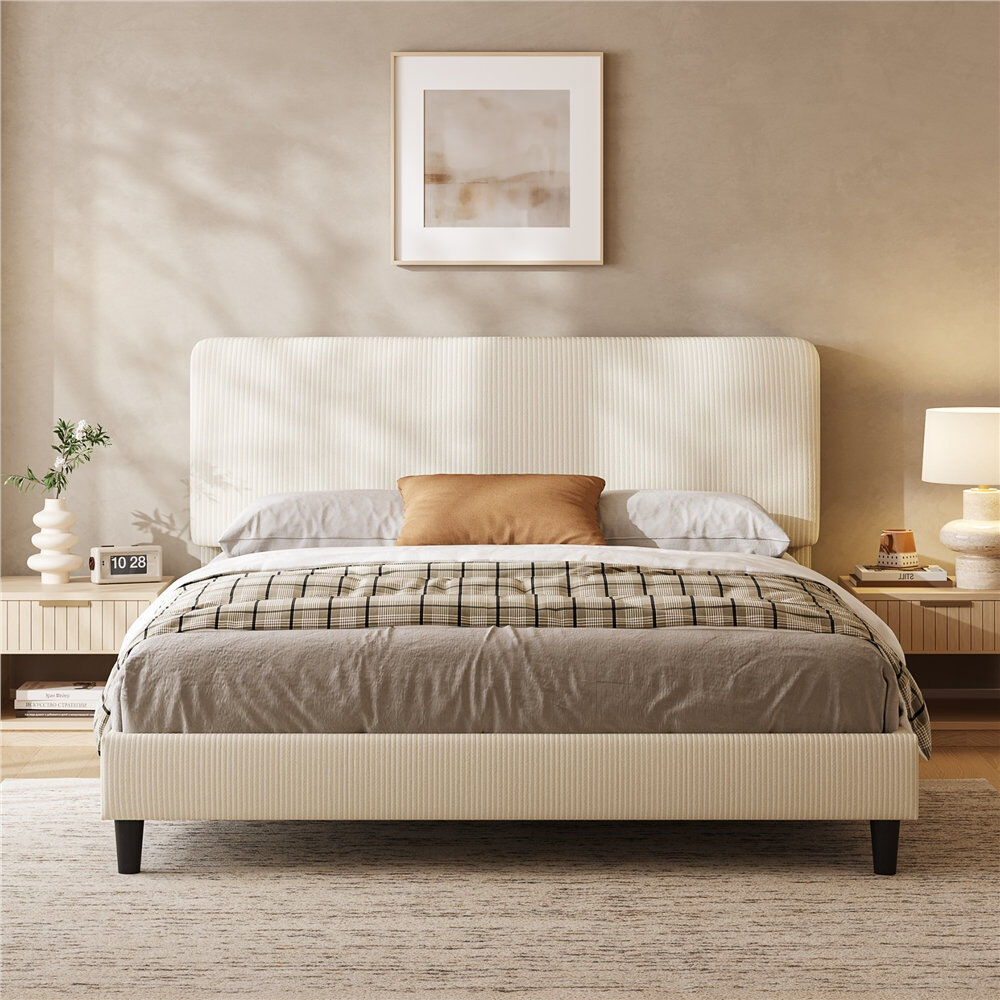 Brayden Studio Modern Upholstered Bed Frame with Adjustable Chenille Headboard Beige Double (4'6")