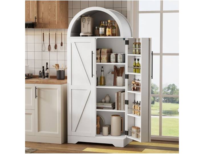 Buffet haut vitrine AESVAR 2 portes 70 x 40 x 165 cm MDF blanc avec partie supérieure arquée ouverte