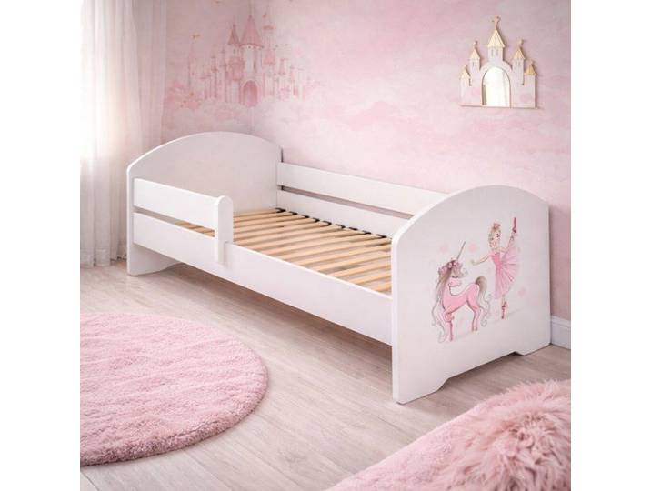 Lit enfant LUK 70x140 cm pour fille avec sommier et barrière de sécurité – motif fille avec licorne