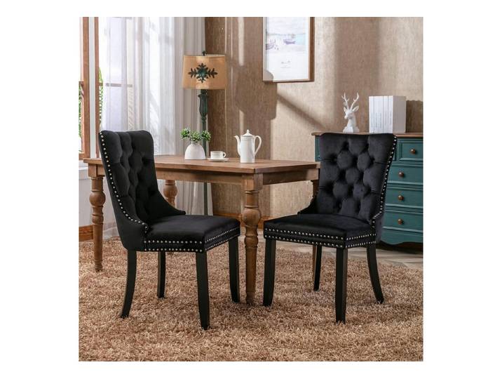 LuxusKollektion Esszimmerstuhl Esszimmerstühle Tufted Hoher Rücken Samt Holzbeine 2er set Schwarz
