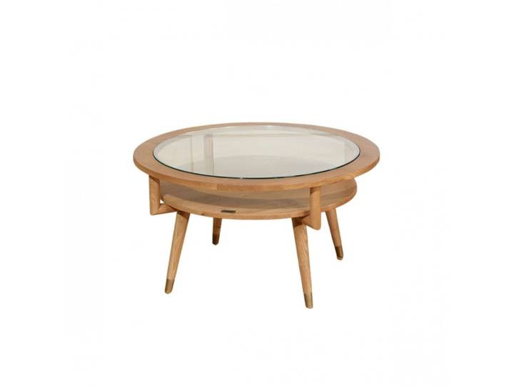 Table basse ronde style contemporain en chêne et verre beige