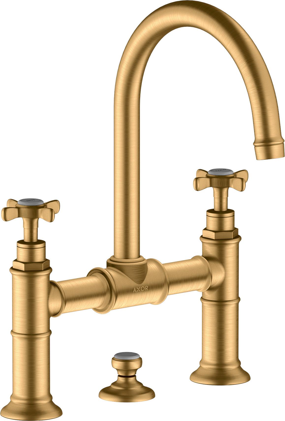 2-Griff-Waschtischarmatur AXOR MONTREUX 220 Zugstangen-Ablaufgarnitur brushed brass brushed brass