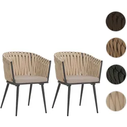2er-Set Aluminium-Gartenstuhl HWC-N38, Outdoor Stuhl Armlehne, Olefin Seilgeflecht Rope ~ creme Kissen hellbraun
