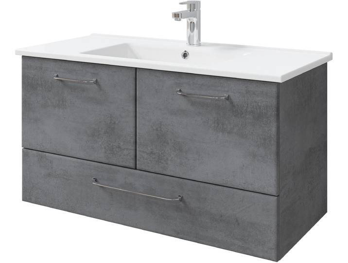 Badmöbel-Set SAPHIR Quickset 945 Keramik-Waschtisch mit Unterschrank, 100 cm breit , grau (oxid dunkelgrau quer), Kastenmöbel-Sets, Badmöbel-Set, Waschplatz mit 2 Türen, 1 Schublade, inkl. Türdämpfer, Waschtisch Set