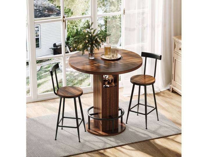 WOVREO Ensemble table de bar 3 pieces table ronde 80 cm avec 2 tabourets rangement decor noyer