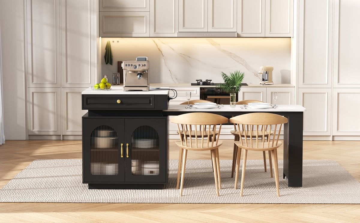 MODFU Keukeneiland met uitschuifbare eettafel en ledverlichting - Modern - Zwart - MDF en Glas