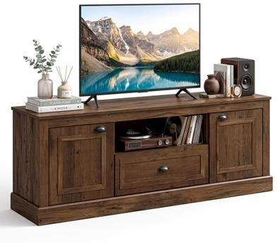 "Costway Retro Farmhouse TV Stand for 70"" TVs with 2 Doors & Removable Shelves-Brown"