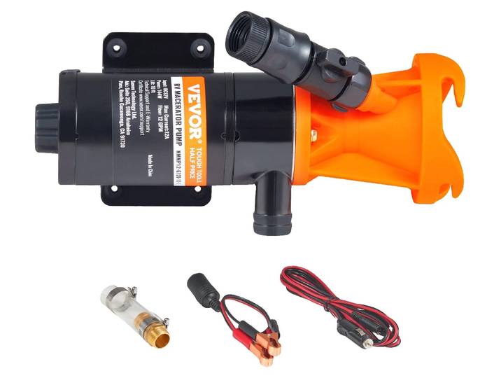 VEVOR Pompe à eaux usées portable\, 12 V\, 45 L/min Pompe à eaux usées\, pompe broyeur avec vanne de raccordement rapide amovible\, collier de serrage métallique\, câble d'alimentation\, pour RV\, bateau\, marine\, camping-car