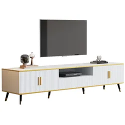 TV-Schrank 200x40x46 Marmoroptik für Fernseher bis 90 Zoll mit 2 Türen, 1 Schublade, Offenes Regal, Spanplatte Weiß