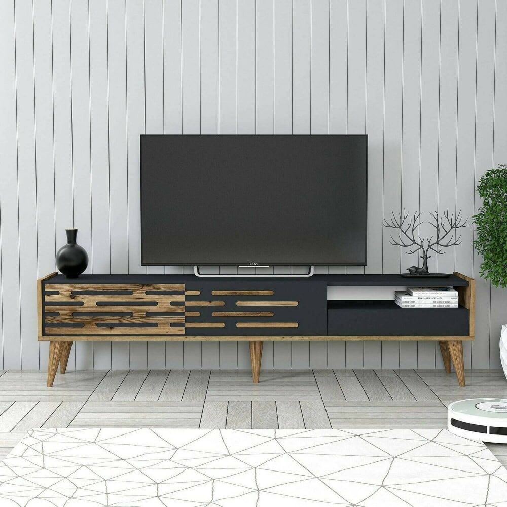 Dmora Meuble tv effet bois anthracite, beige 180x45 cm Noir 180x35x45cm