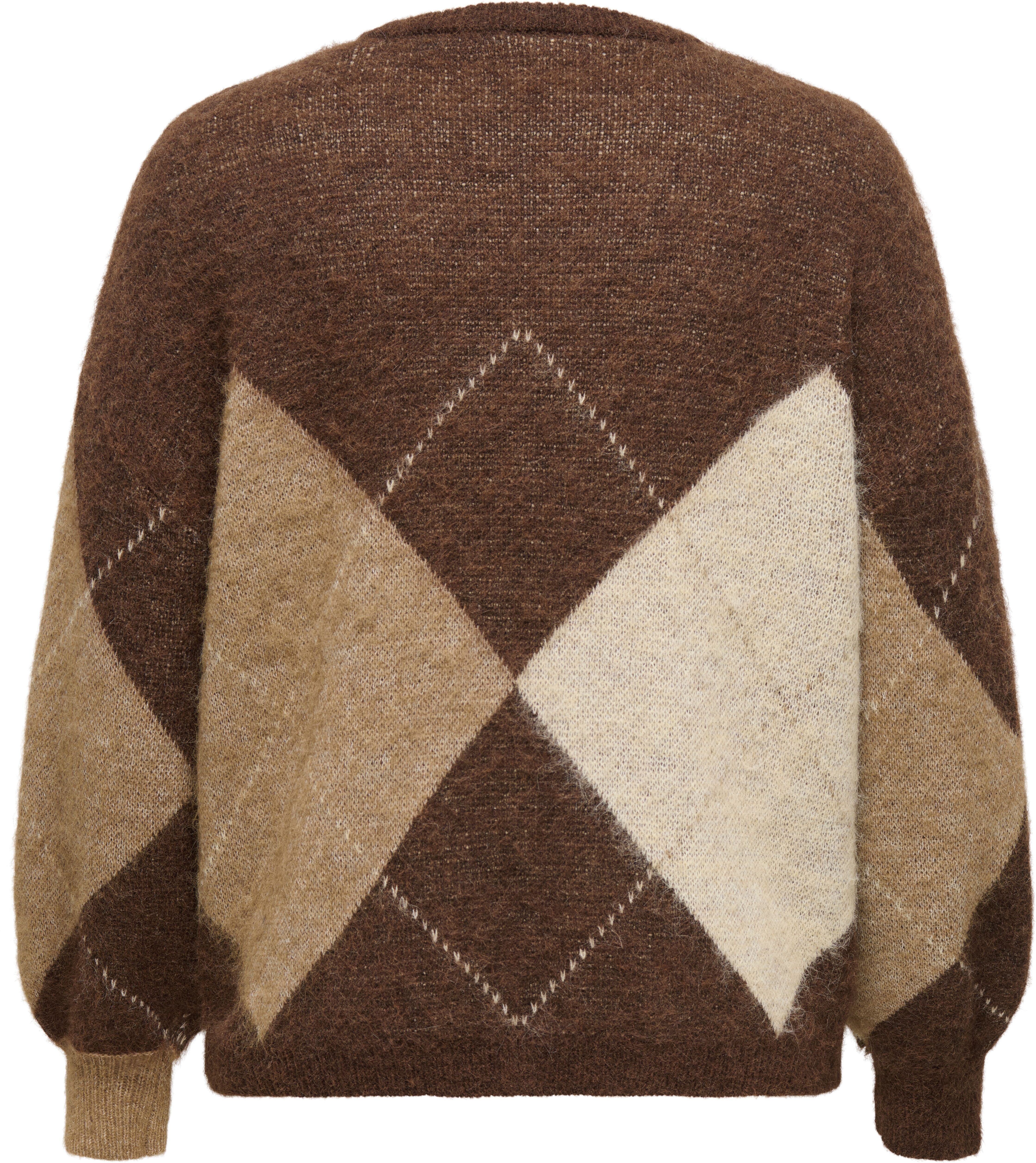 Strickpullover ONLY CARMAKOMA "CARNOEME JQ LS O-NECK KNT NOOS", Damen, Gr. S, braun (chestnut pattern:cocoa creme, biscotti, melange, argyle), Strick, Obermaterial: 58% Polyester, 24% Polyacryl, 10% Wolle, 8% Nylon, gemustert, meliert, regular fit normal,