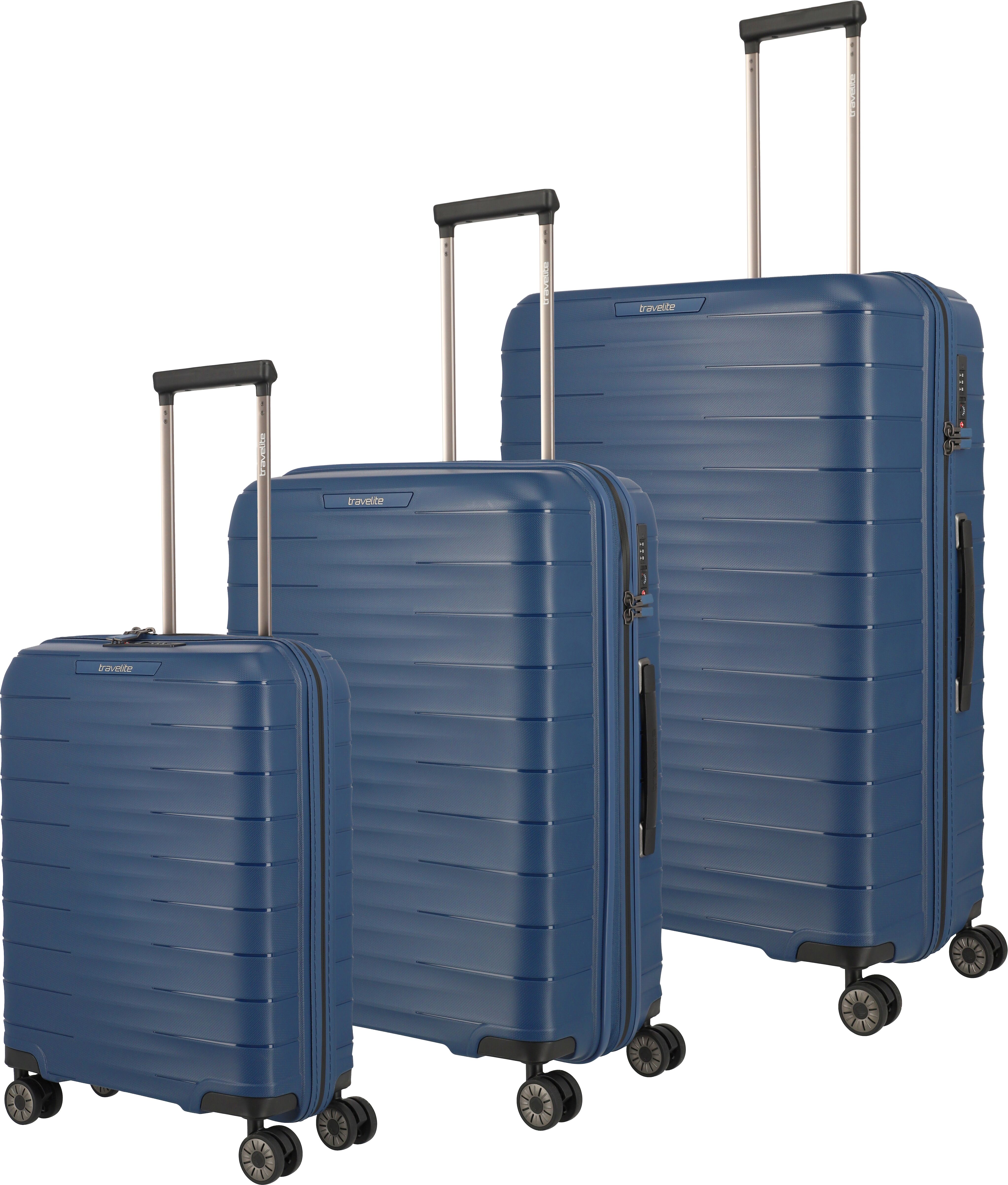 Trolleyset TRAVELITE "MOOBY 3-teilig Reisekoffer Hartschale", blau (navy), Polypropylen, Koffer-Sets Trolleyset, mit TSA-Schloss und recyceltem Polypropylen