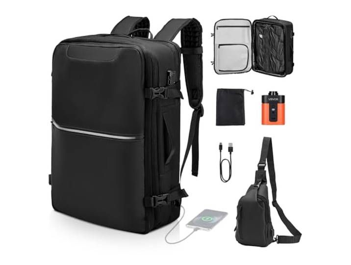 VEVOR Sac à Dos Voyage sous Vide\, 80 L\, Sac à Dos à Compression sous Vide Extensible\, avec Pompe\, Serrure Homologuée TSA\, Plusieurs Compartiments\, Bretelles Rembourrées\, pour Voyages d'affaires\, Noir