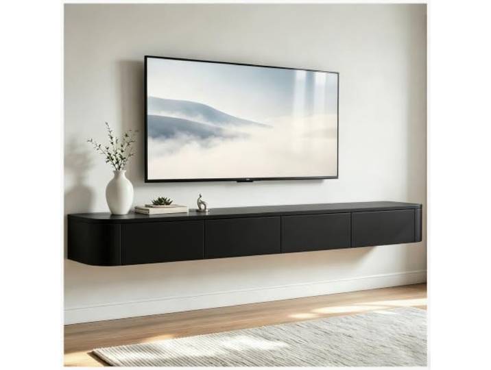 ASKLFNEI Schwarz TV Board hängend,Fernsehschrank 300cm lang,Moderner Fernsehtisch mit Stauraum,TV Lowboard mit 2 Schubladen,Keine Montage erforderlich,für Schlafzimmer und Büro