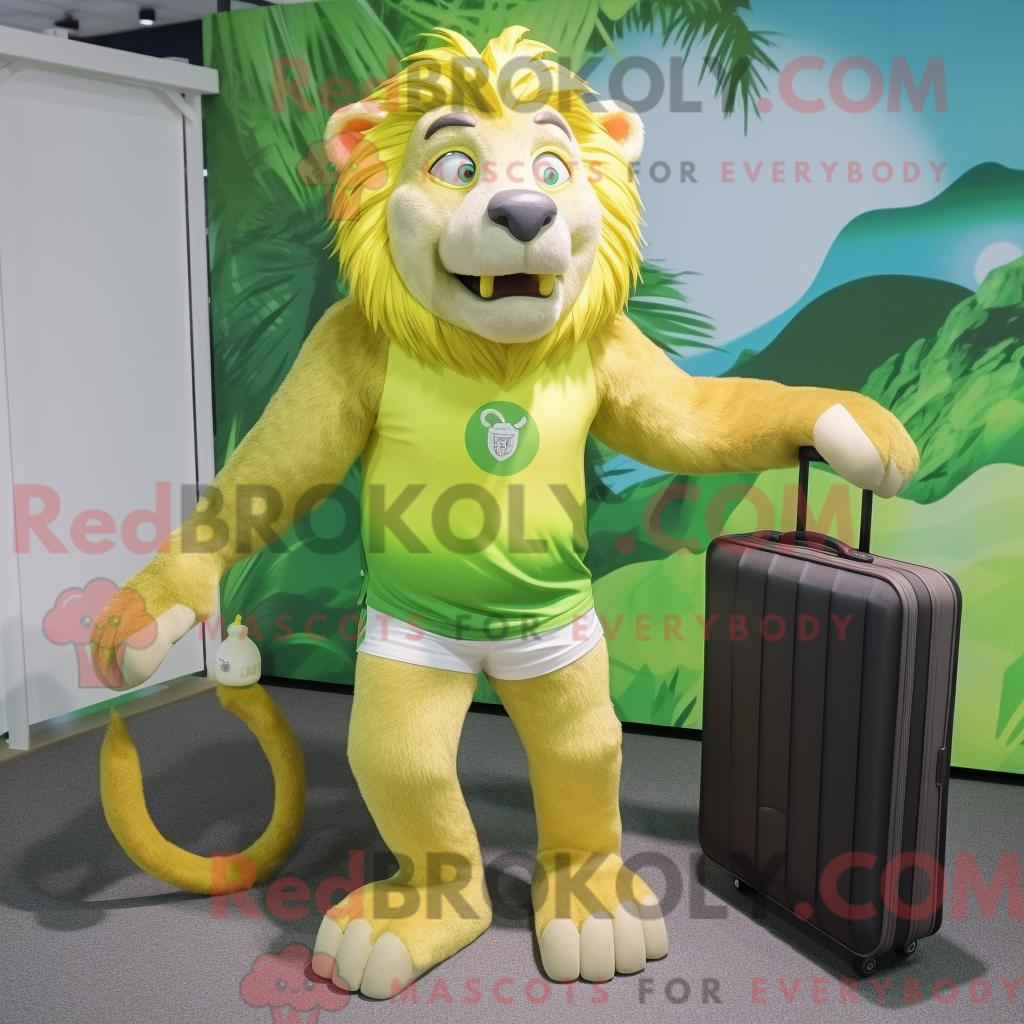 Limettengrünes REDBROKOLY Löwenbändiger-Maskottchenkostüm mit Boardshorts und Aktentasche