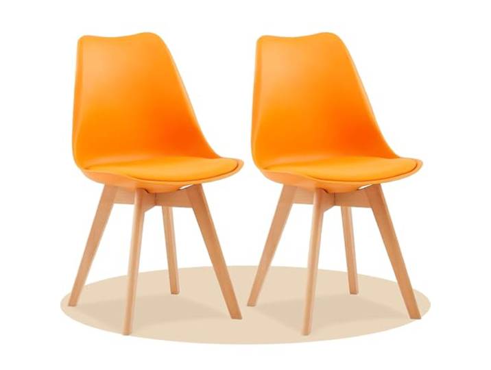 Dekohome Set mit 2 Esszimmerstühlen, Küchenstühle mit ergonomischer Rückenlehne, gepolsterter gepolsterter Sitz und Beine aus massivem Buchenholz, Orange