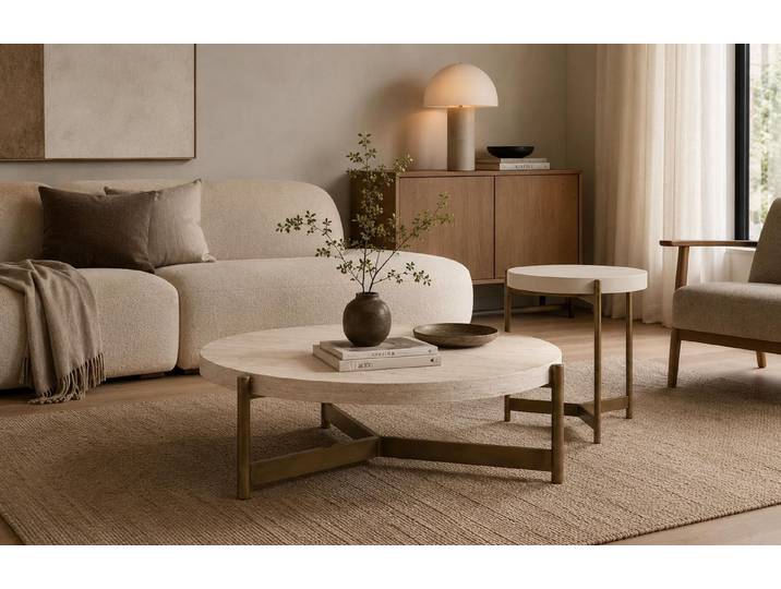 JVmoebel Beistelltisch Beiger runder Couchtisch aus Holz und Edelstahl für modernes Wohnen (2-St., 2-tlg), Tisch-Set