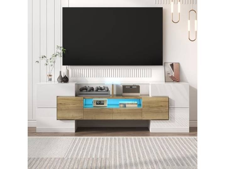 Merax TV-Schrank Lowboard Hochglanz Weiß TV-Unterschrank 145 cm mit LED-Beleuchtung, modernes Design, Elegante Glasoberfläche, Wohnzimmermöbel mit Stauraum - Weiß+Holzfarbe