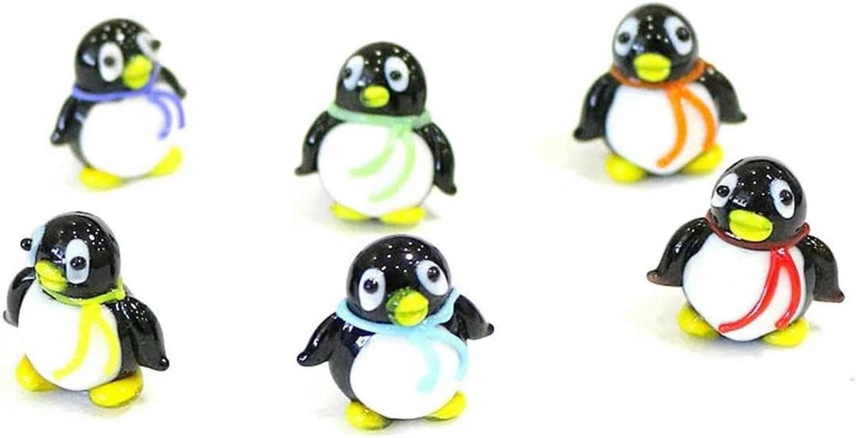 Set van 6 handgemaakte gekleurde glazen pinguïn miniatuur beeldjes voor decoratie