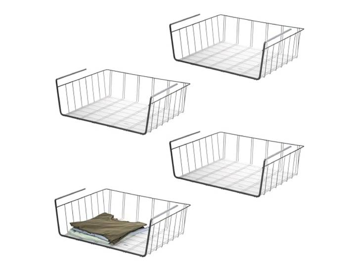 eluno Schrankkörbe 4er Set inklusive Einlegeböden und Kratzschutz, Aufbewahrungskorb Organizer für Küche, Speisekammer, Büro, Bücherregal, Schrank, Schränke, Badezimmer, Unterregal (Grau)