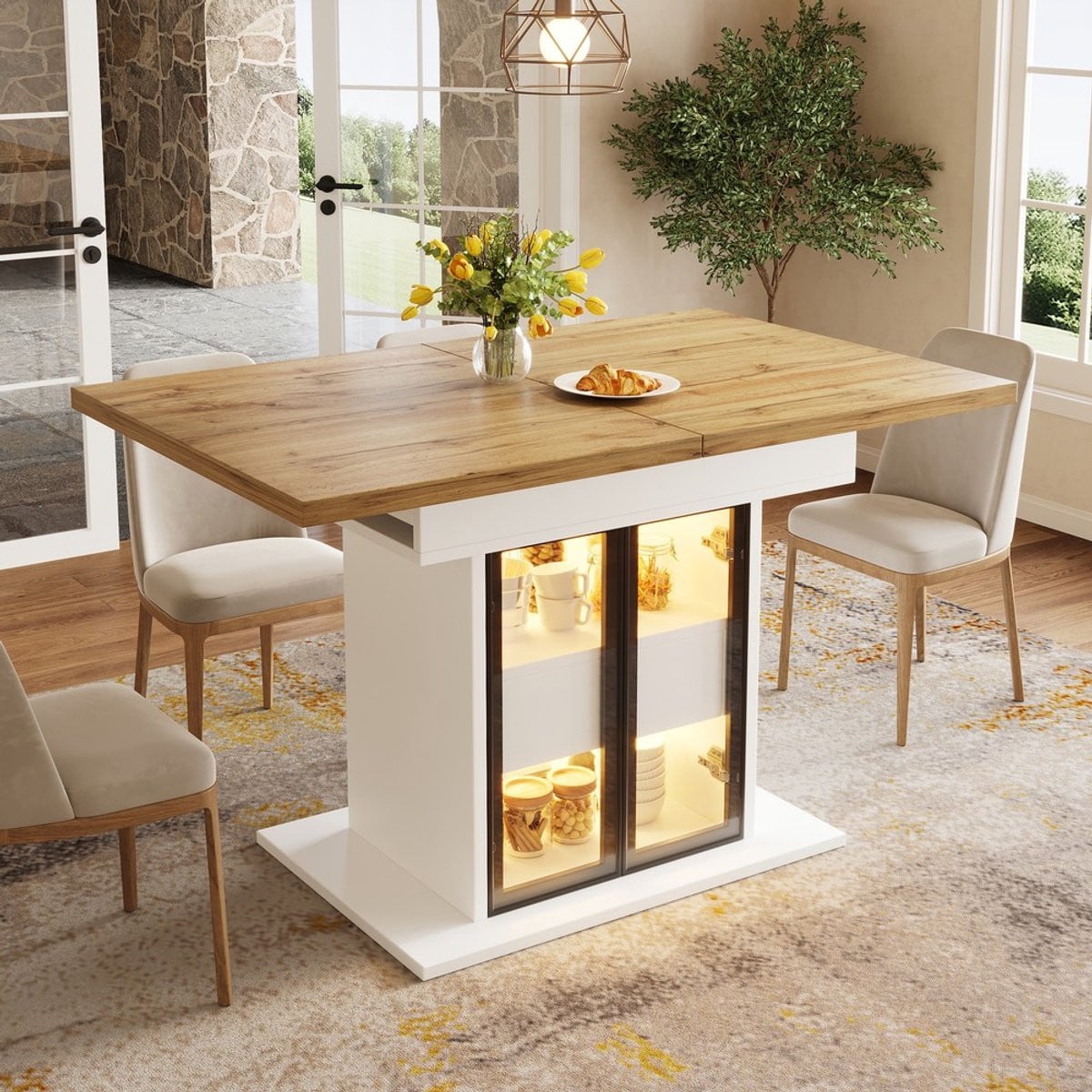 KOMHTOM Uitschuifbare Eettafel met RGB LED Verlichting in Wit Zwart