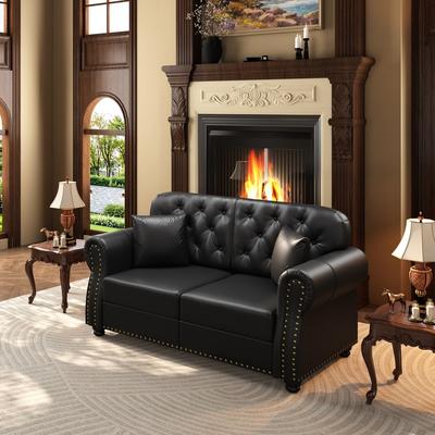 Upholstered Faux Leather Sofa with Nailhead Trim and Rolled Armrests