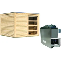 Karibu Gartensauna Saunahaus Cuben inkl. Vorraum, naturbelassen-9 kW Ofen inkl. Steuergerät