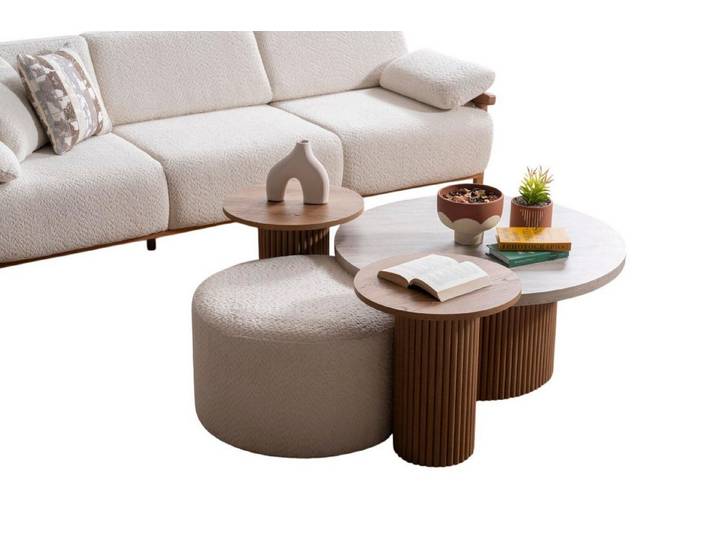 JVmoebel Couchtisch Beiger Holz-Couchtisch mit Hocker – Modernes Design und Funktionalität (Packung, Maße Couchtisch, Maße 2x Beistelltische, Maße Hocker), Made in Europe