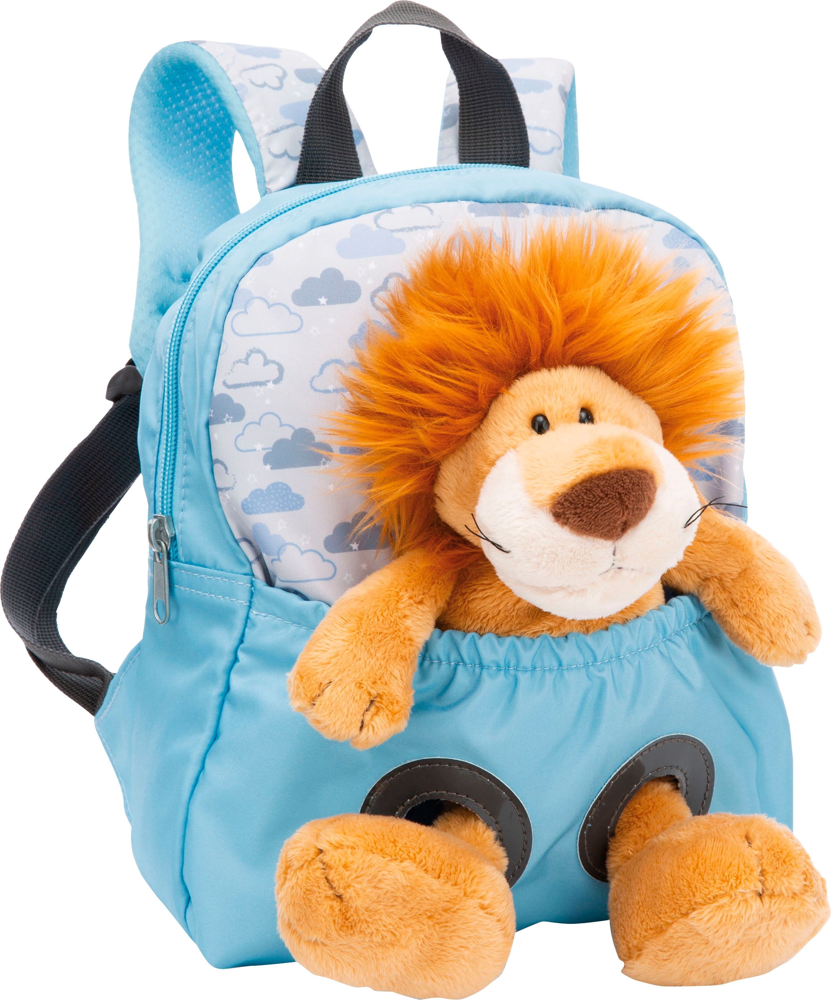 Kinderrucksack NICI "Travel Friends, Rucksack mit Plüsch Löwe, 25 cm", Jungen, Gr. B/H/T: 21cm x 26cm, blau (hellblau), Plüsch, Kunststoff, Polyester, Rucksäcke Kinderrucksack