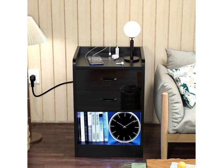 Table de Chevet avec Station de Charge - LDSZXNE - Noir - 2 Tiroirs - 16 Couleurs LED