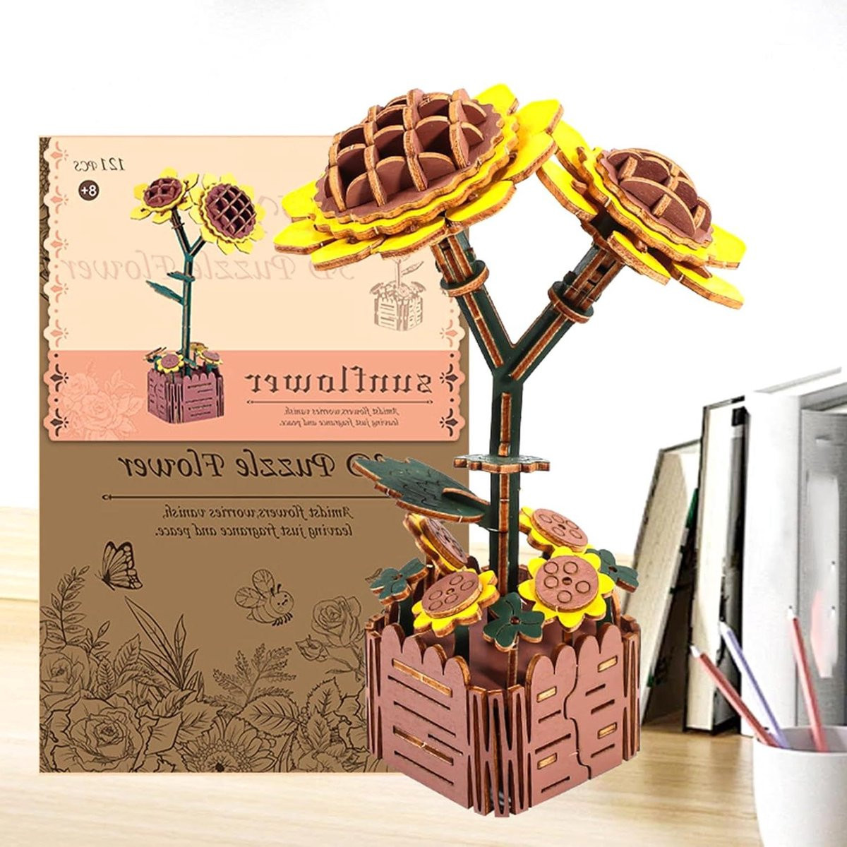 Houten Bloem Puzzel 3D Boeket voor Volwassenen - Houtkleur