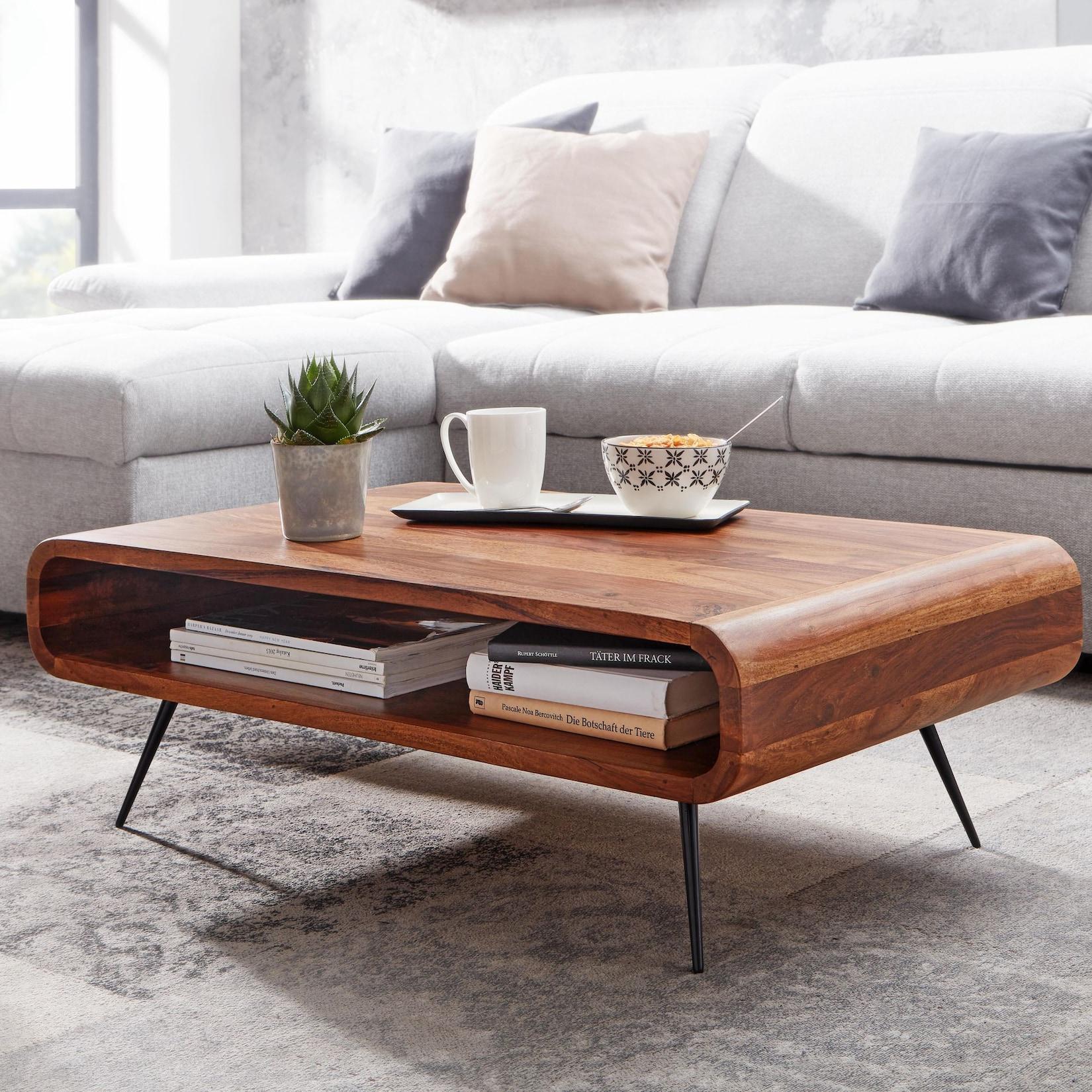 FineBuy Couchtisch Sheesham Massivholz 90cm Retro Design Ablage Wohnzimmertisch