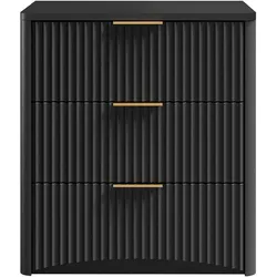 MODFU Nachttisch MDF Schwarz 58x38x64 cm mit 3 Schubladen, gedämpften Metallschienen und goldfarbenen Griffen