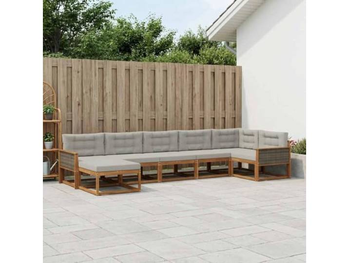 HFMDRMU Modulares Outdoor-Sofaset aus massivem Akazienholz mit Lattenrahmen, 7-teilig, in Natürlich und Hellgrau, für Garten, Terrasse oder Pool