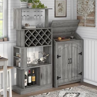 Furniture of America Darci Farmhouse Vintage Grey Oak Multi-Storage 2-Piece Wine Bar Set