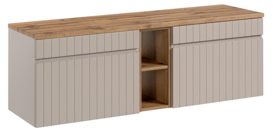 ICON Set: Waschtischunterschrank 140cm Kaschmir mit sichtbaren Nischen in Holzoptik + Waschtischplatte in Holzoptik