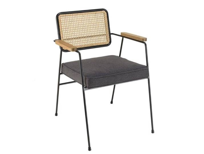 MACABANE AGATHE - Fauteuil métal noir dossier rotin et assise tissu gris