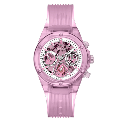 Multifunktionsuhr GUESS "SPARKLING PINK", rosa, Armbanduhren, Damen, Quarzuhr, Armbanduhr, Damenuhr, Silikonarmband, analog, Tag, Wochentag