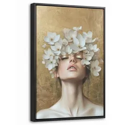 LEINWAND Bilder mit Rahmen - Gesicht - Blumen - Gold - Abstrakt - 20x30