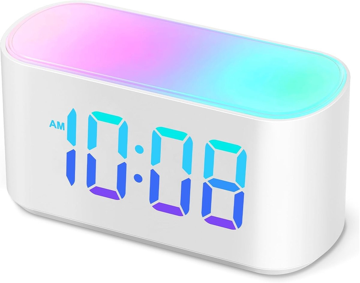 Thijox Digitale Wekker met Nachtlampje en 9 RGB-kleuren, Dimbare Lichtwekker met Grote Cijfers en 10 Kleurwisselende LED-displays