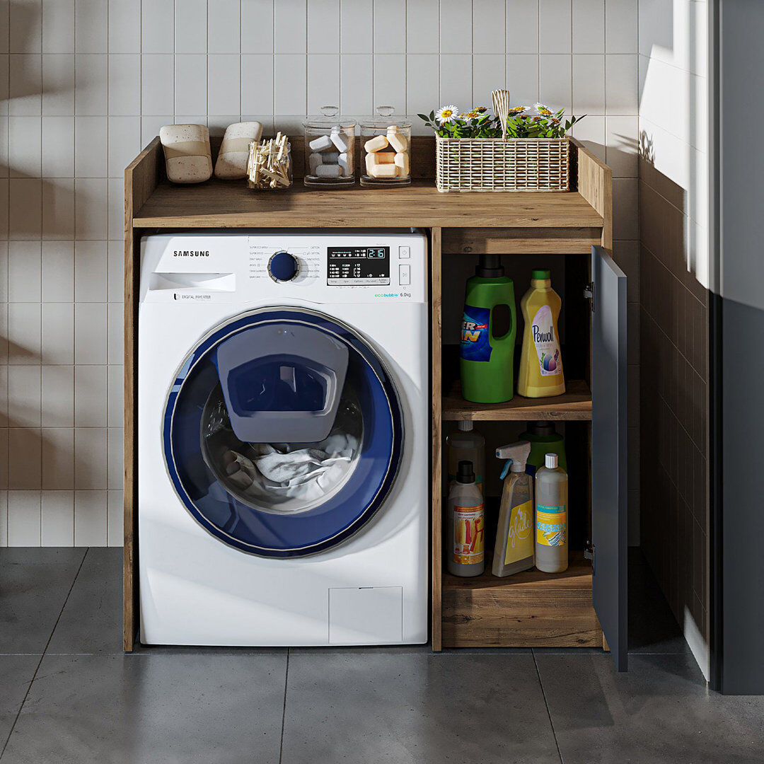 Ebern Designs Derin Washing Machine Cabinet with Cupboard, 100 cm Anthracite/Oak 99cm H X 100cm W X 60cm D