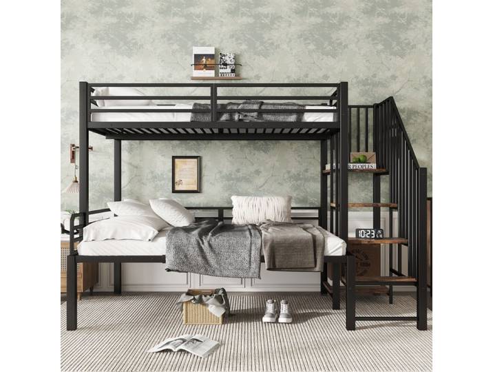 Lit superposé 90x200 et 120x200 cm avec escalier d angle rangement métal MDF noir décor bois