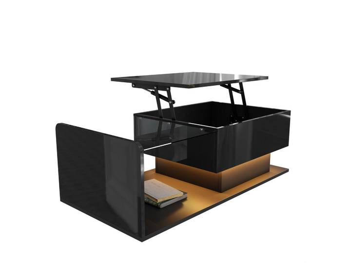 Redom Couchtisch 100/50/47,5 cm höhenverstellbar mit LED-Beleuchtung und Stauraum, Schwarz, 50x47.5x110 cm, Wohnzimmer, Wohnzimmertische, Couchtische