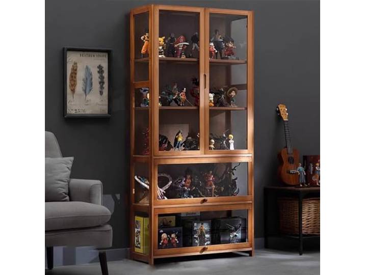 KUYATE Glasvitrine, antiker Vitrine mit Glastür, antiker Schrank, Vitrine, natürlicher Bambusrahmen, Einzel-/Doppeltür-Design, praktische Aufbewahrung, 80 x 32 x 170 cm, Braun