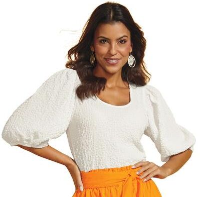 Masseys Textured Bubble Hem Sleeve Top (Size 4X) White, Elastine,Polyester