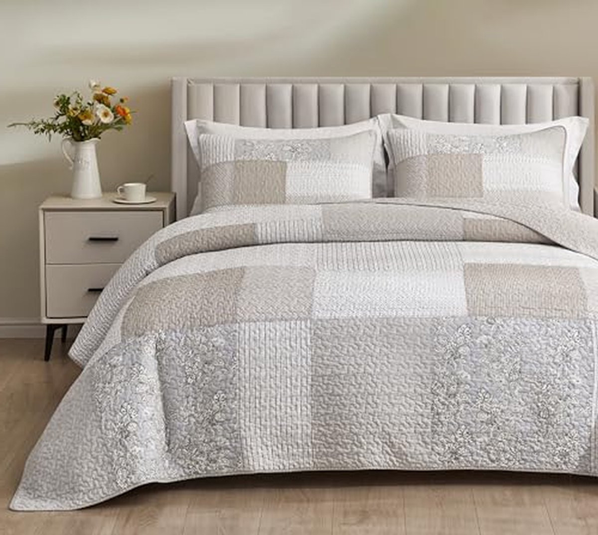 Omkeerbaar Patchwork Dekbedovertrekset met Bloemenmotief - Eenpersoons - Beige Grijsbruin Grijs Wit