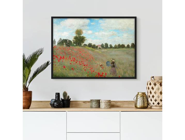 Tableau Monet, Pavots près d’Argenteuil Papier Cadre : placage en bois véritable Pin Vert 100 x 70cm