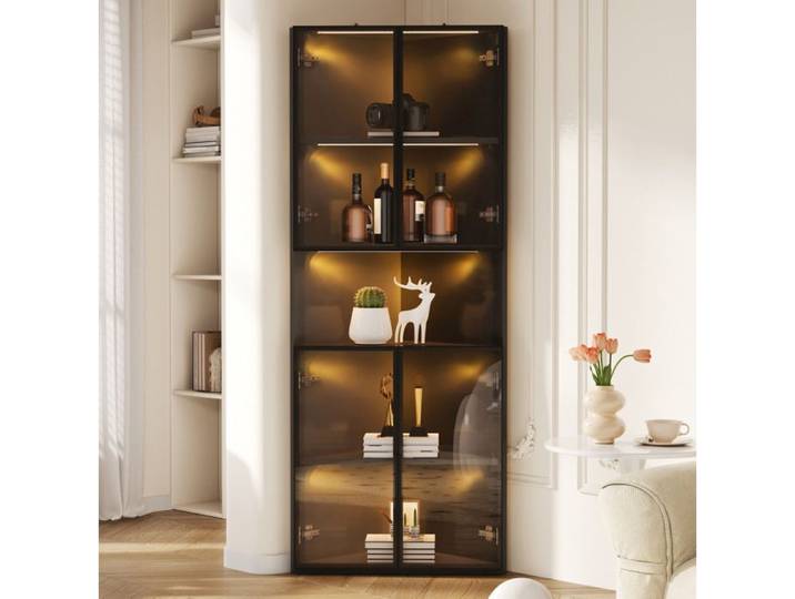 Vitrine D Angle Noire En MDF Meuble Vitrine LED FloraGrace Pour Salon Chambre Ou Bureau Avec Niche Ouverte 62x32x160cm